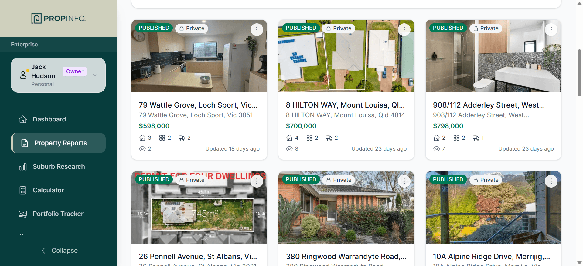 PropInfo property reports dashboard showing report cards with property photos, prices, and status badges